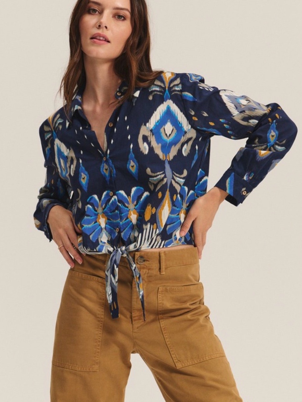 Velvet Navy Blue Floral Ikat Tie-Front Button Down Top